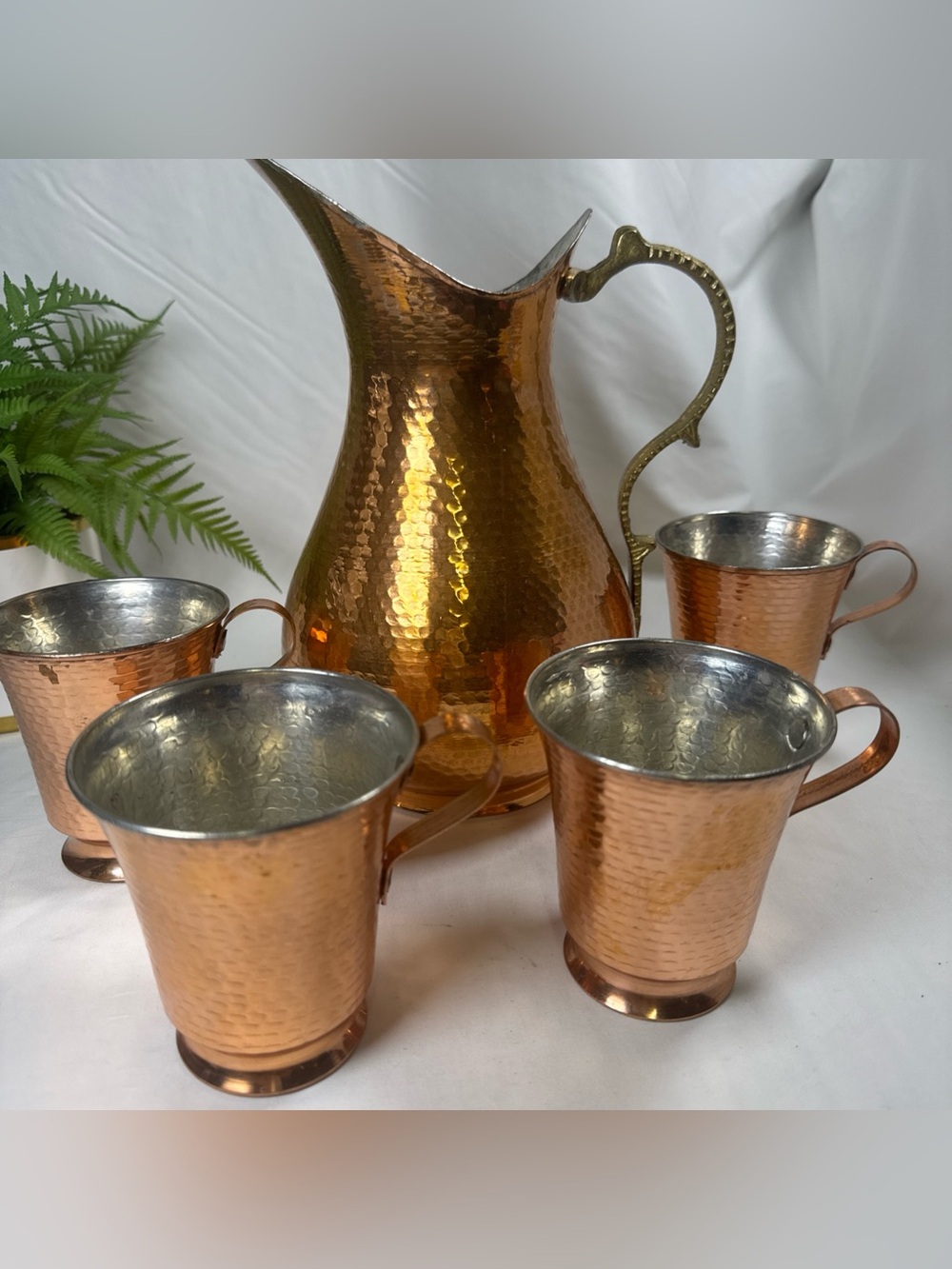 Turkish Copper Hammered Pitcher and Mug Set of 5- Copper Finish